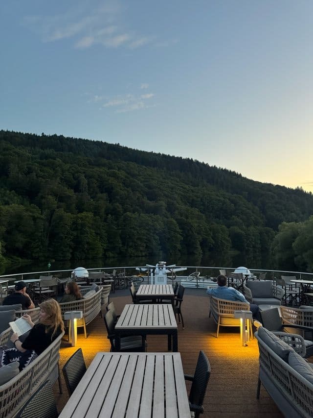 Terraced mountain resort at dusk