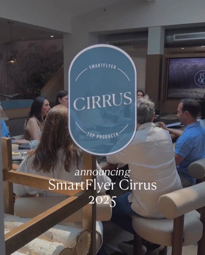 Announcing SmartFlyer Cirrus 2025, a badge over a restaurant scene