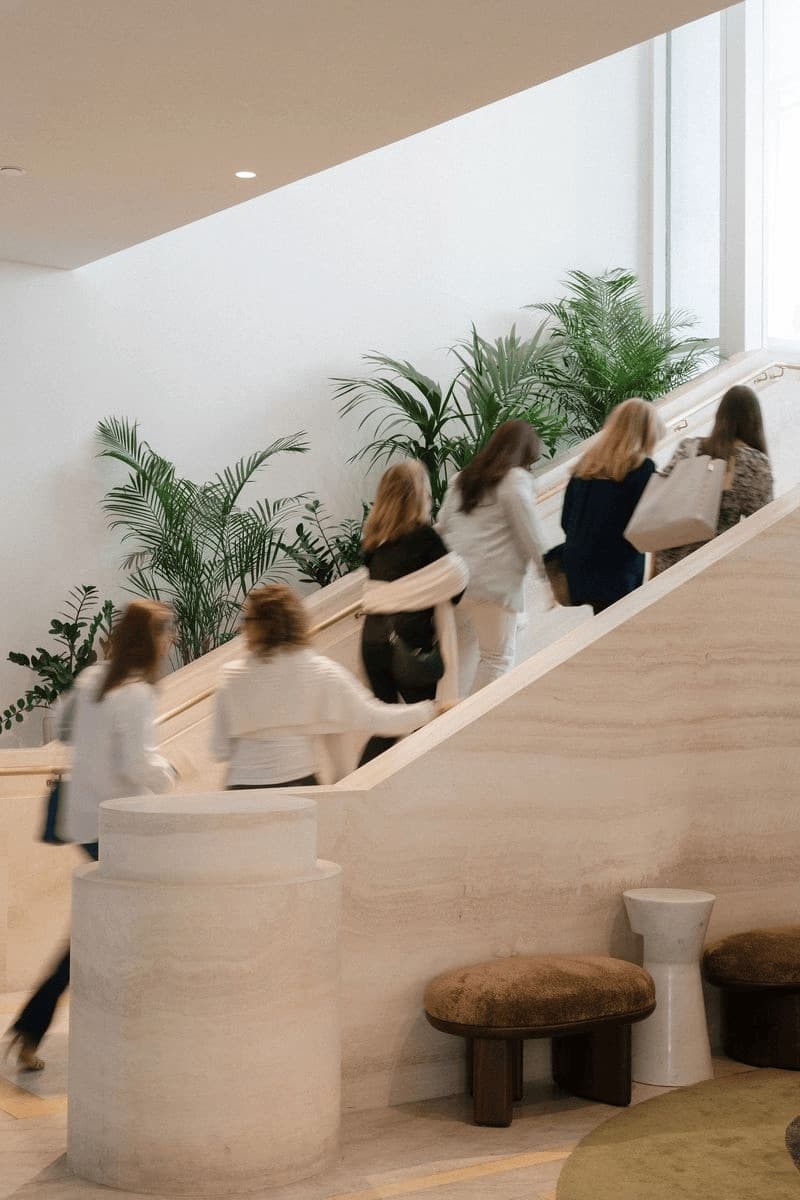 Women walking up a marble staircase past green palms